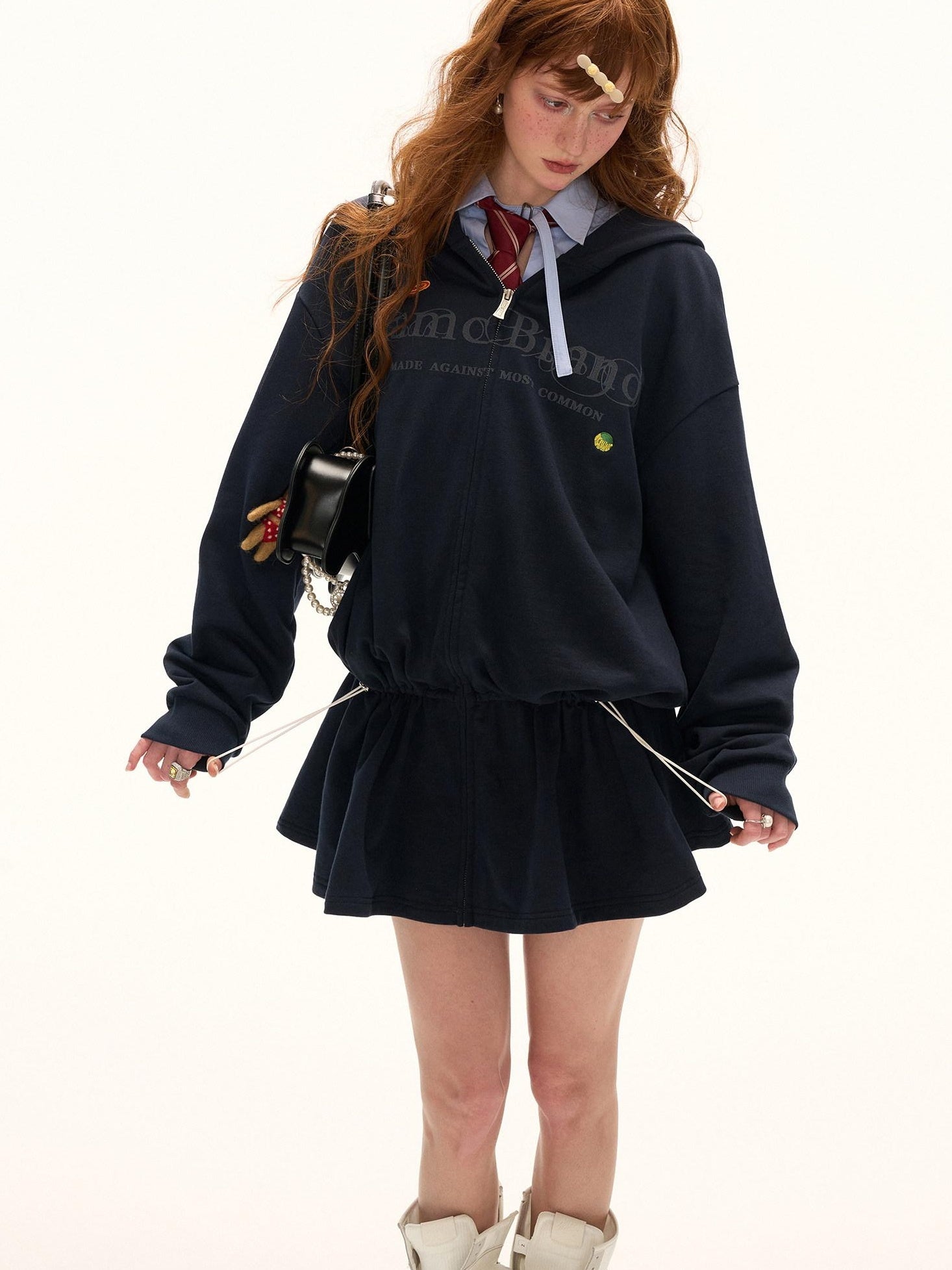 MAMC Pure Cotton Adjustable Waist Hooded Sweatshirt Zipper Women Casual Mini Dresses