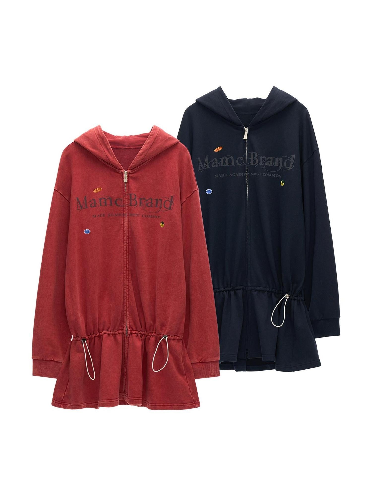 MAMC Pure Cotton Adjustable Waist Hooded Sweatshirt Zipper Women Casual Mini Dresses