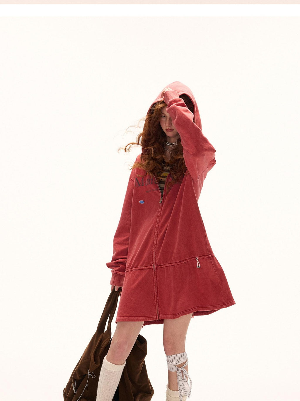 MAMC Pure Cotton Adjustable Waist Hooded Sweatshirt Zipper Women Casual Mini Dresses