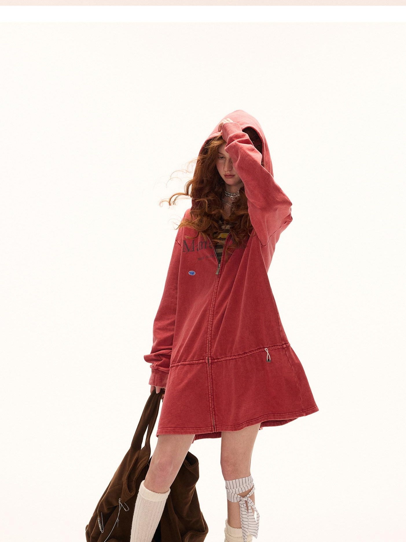 MAMC Pure Cotton Adjustable Waist Hooded Sweatshirt Zipper Women Casual Mini Dresses