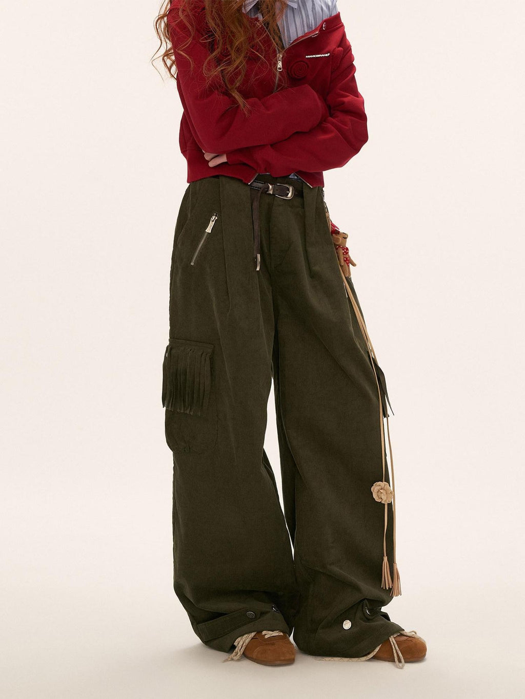 MAMC Pure Cotton Fringe Vintage Natural Waist Casual Women Relaxed Fit Wide Leg Pants