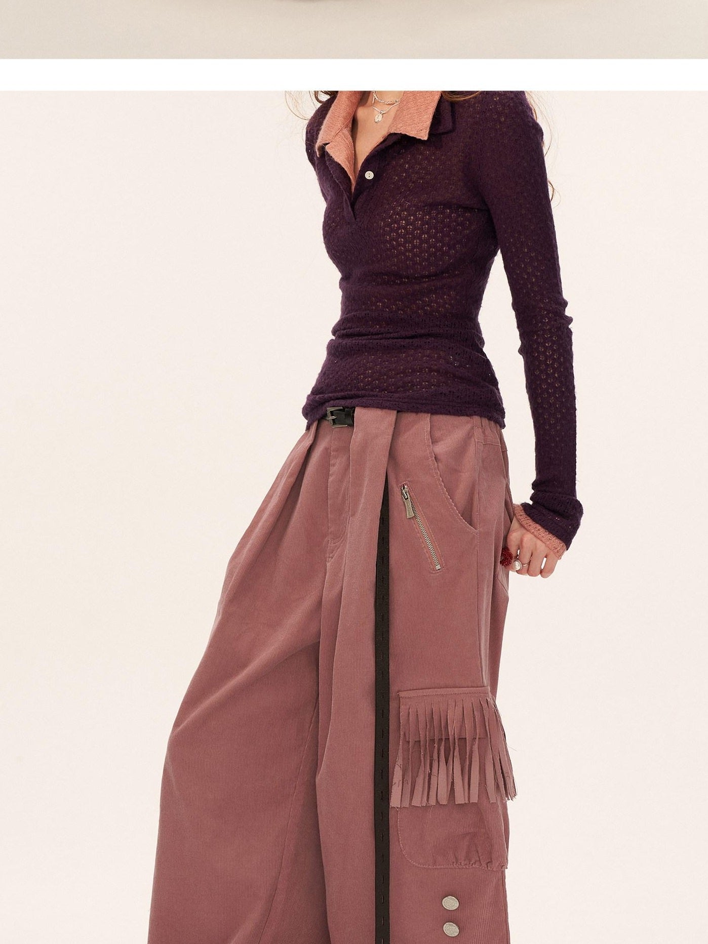 MAMC Pure Cotton Fringe Vintage Natural Waist Casual Women Relaxed Fit Wide Leg Pants