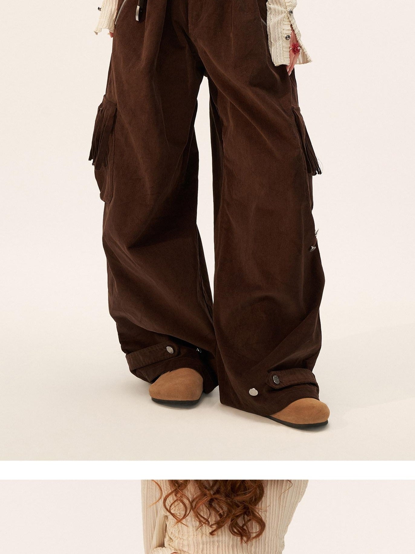 MAMC Pure Cotton Fringe Vintage Natural Waist Casual Women Relaxed Fit Wide Leg Pants