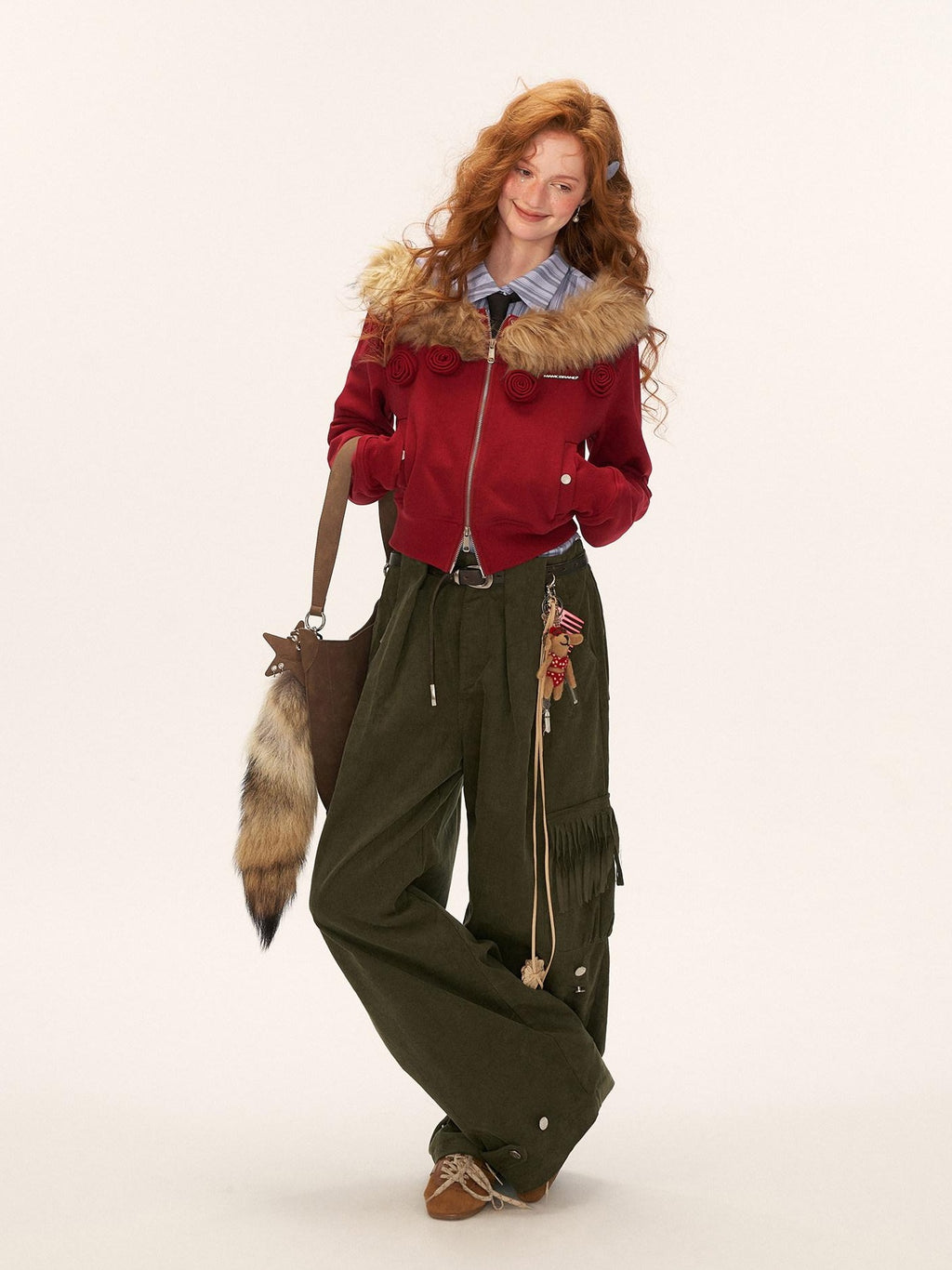 MAMC Pure Cotton Fringe Vintage Natural Waist Casual Women Relaxed Fit Wide Leg Pants