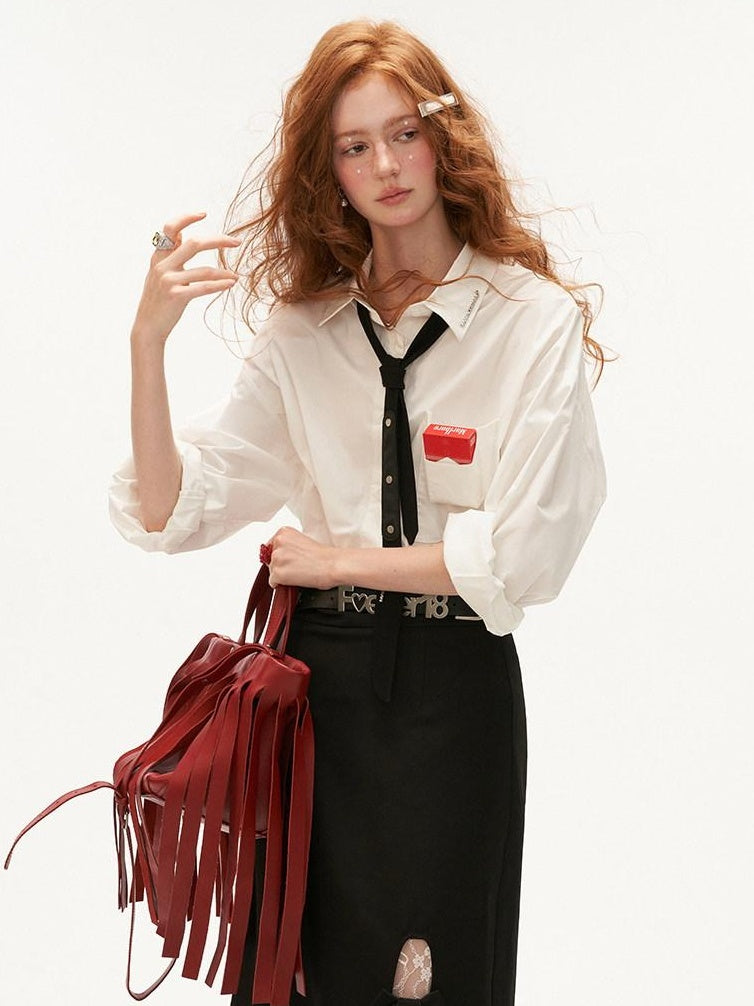 MAMC Pure Cotton Long Sleeve Collared Minimalist Workwear Tie Neck Office Blouses
