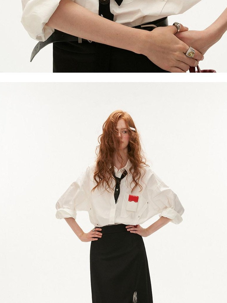 MAMC Pure Cotton Long Sleeve Collared Minimalist Workwear Tie Neck Office Blouses