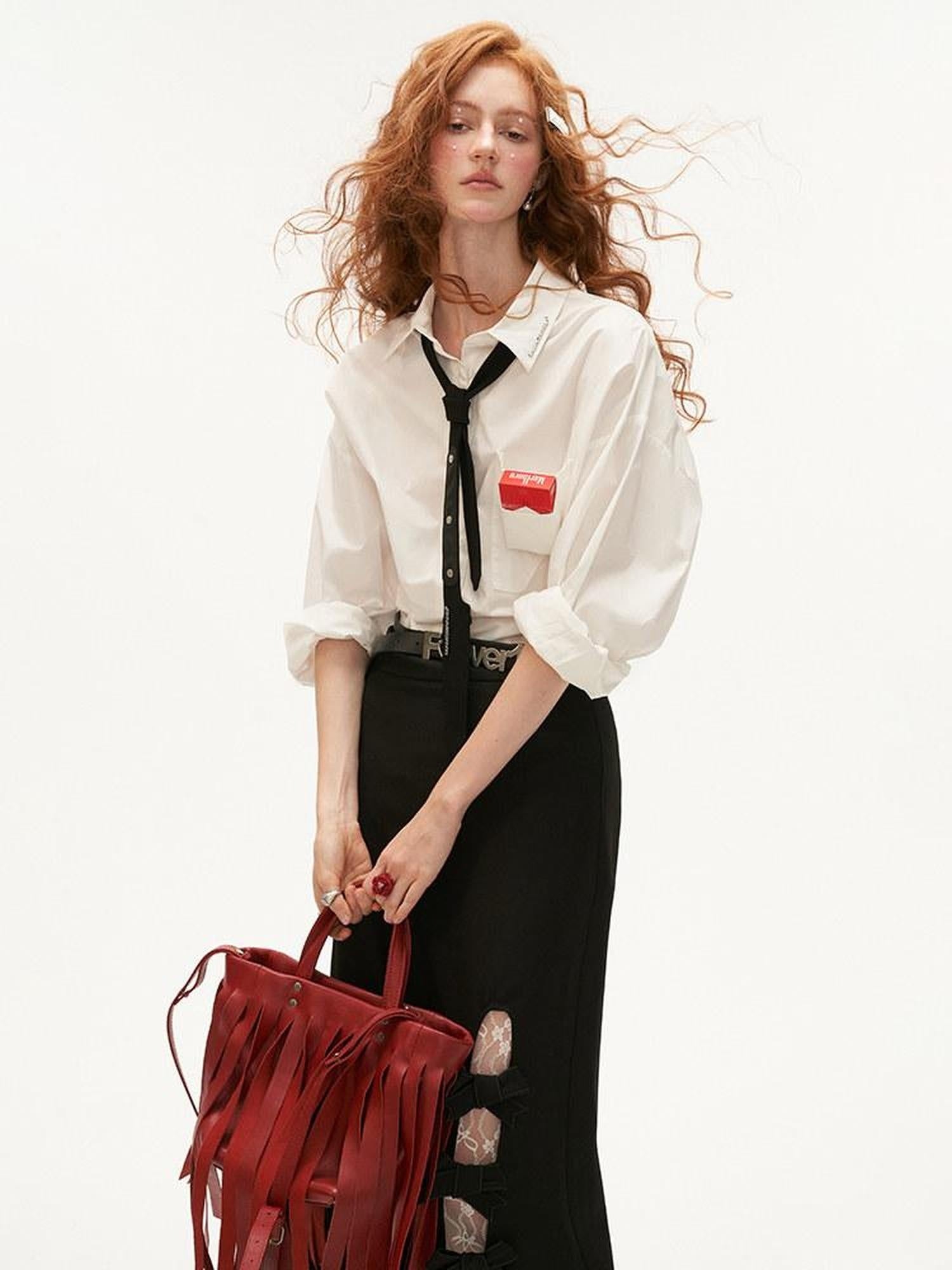 MAMC Pure Cotton Long Sleeve Collared Minimalist Workwear Tie Neck Office Blouses