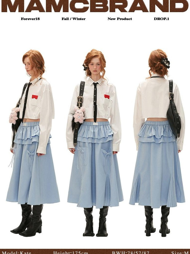 MAMC Pure Cotton Long Sleeve Collared Minimalist Workwear Tie Neck Office Blouses