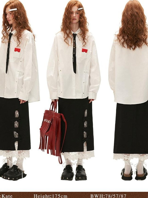 MAMC Pure Cotton Long Sleeve Collared Minimalist Workwear Tie Neck Office Blouses