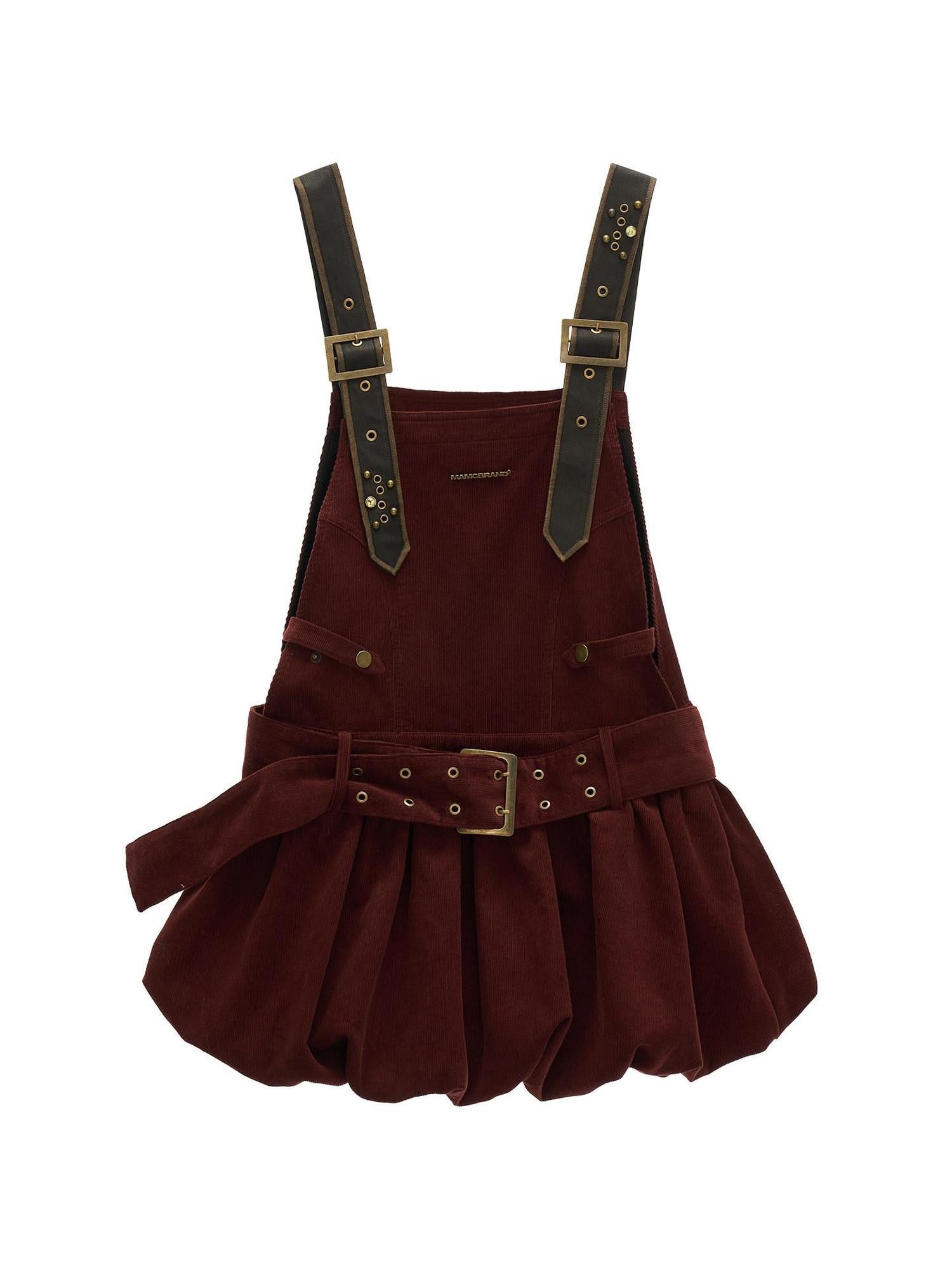 MAMC Pure Cotton Vintage Belted Pinafore Sleeveless Youth Casual Brown Mini Dresses