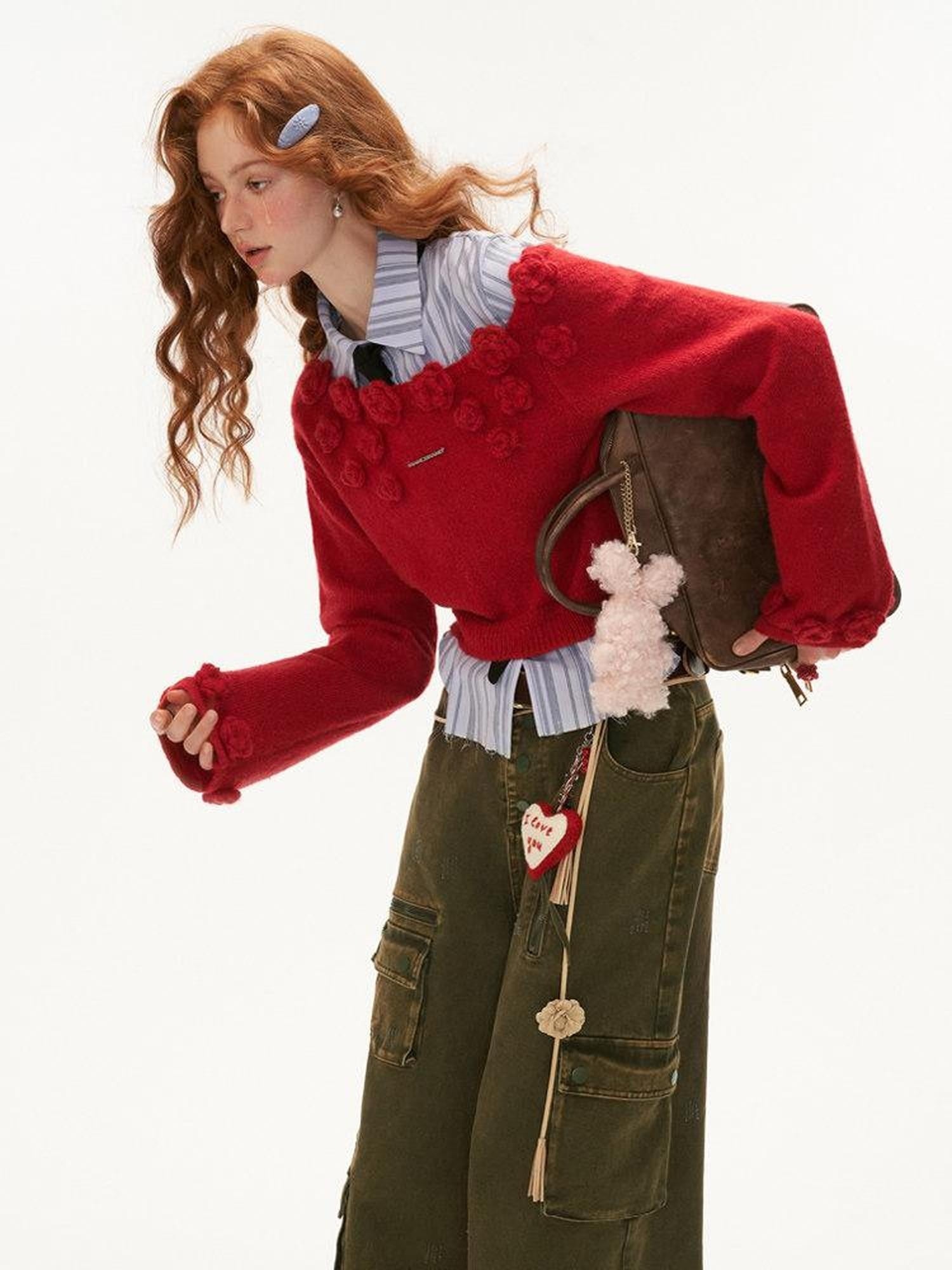 MAMC Recycled Fiber Pullover With Floral 3D Detail Minimalist Commuter Sweaters