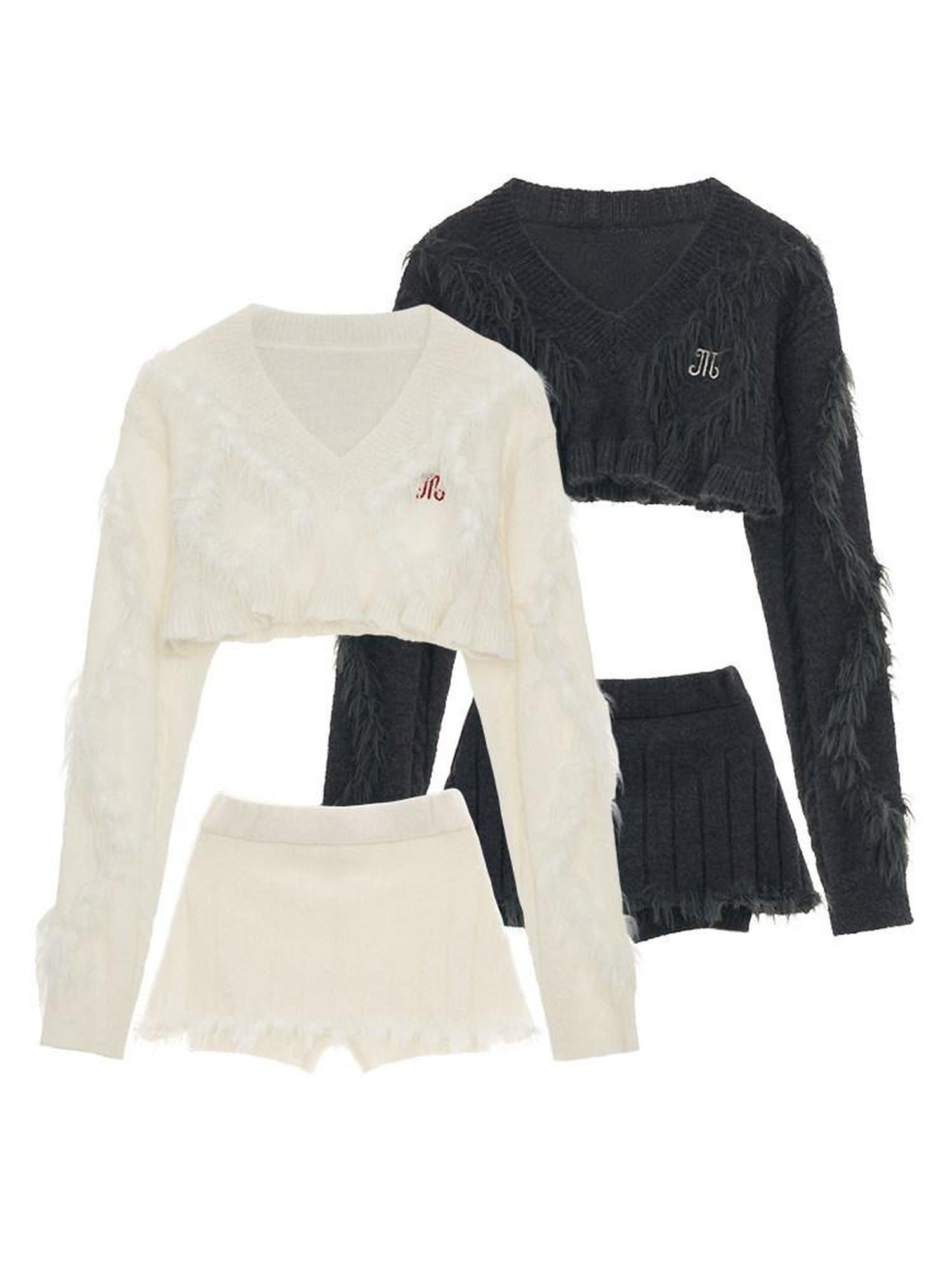 MAMC Recycled V-neck Letter Patchwork Minimal Workwear Women Top & Skirt Sets