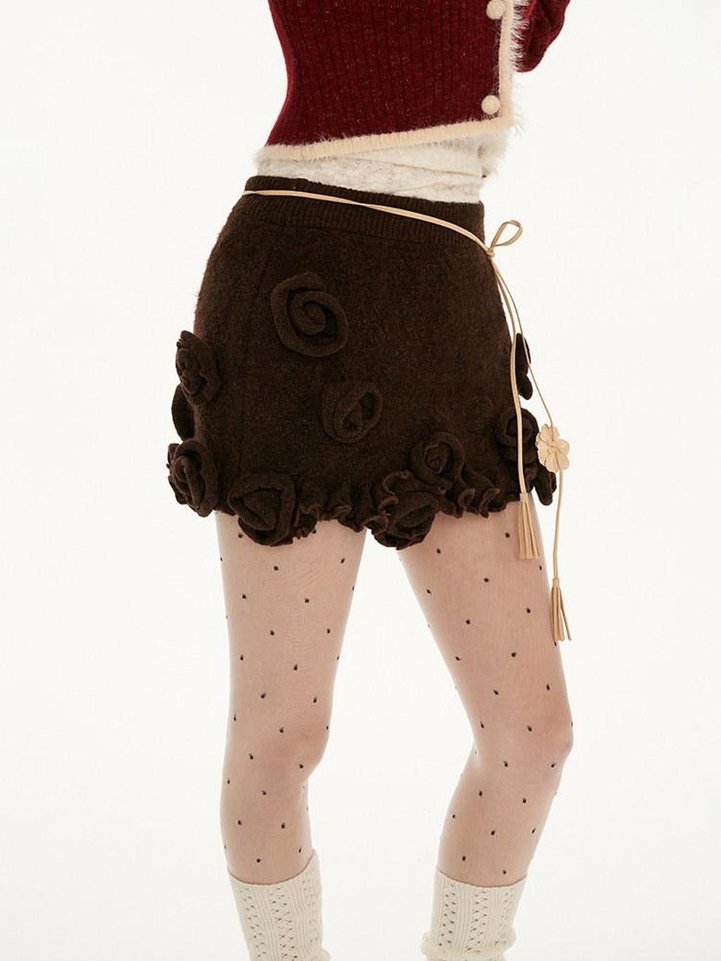 MAMC Sexy 3D Embellishment Fitted Mid Waist Solid Brown Polyester Stretch Mini Skirts