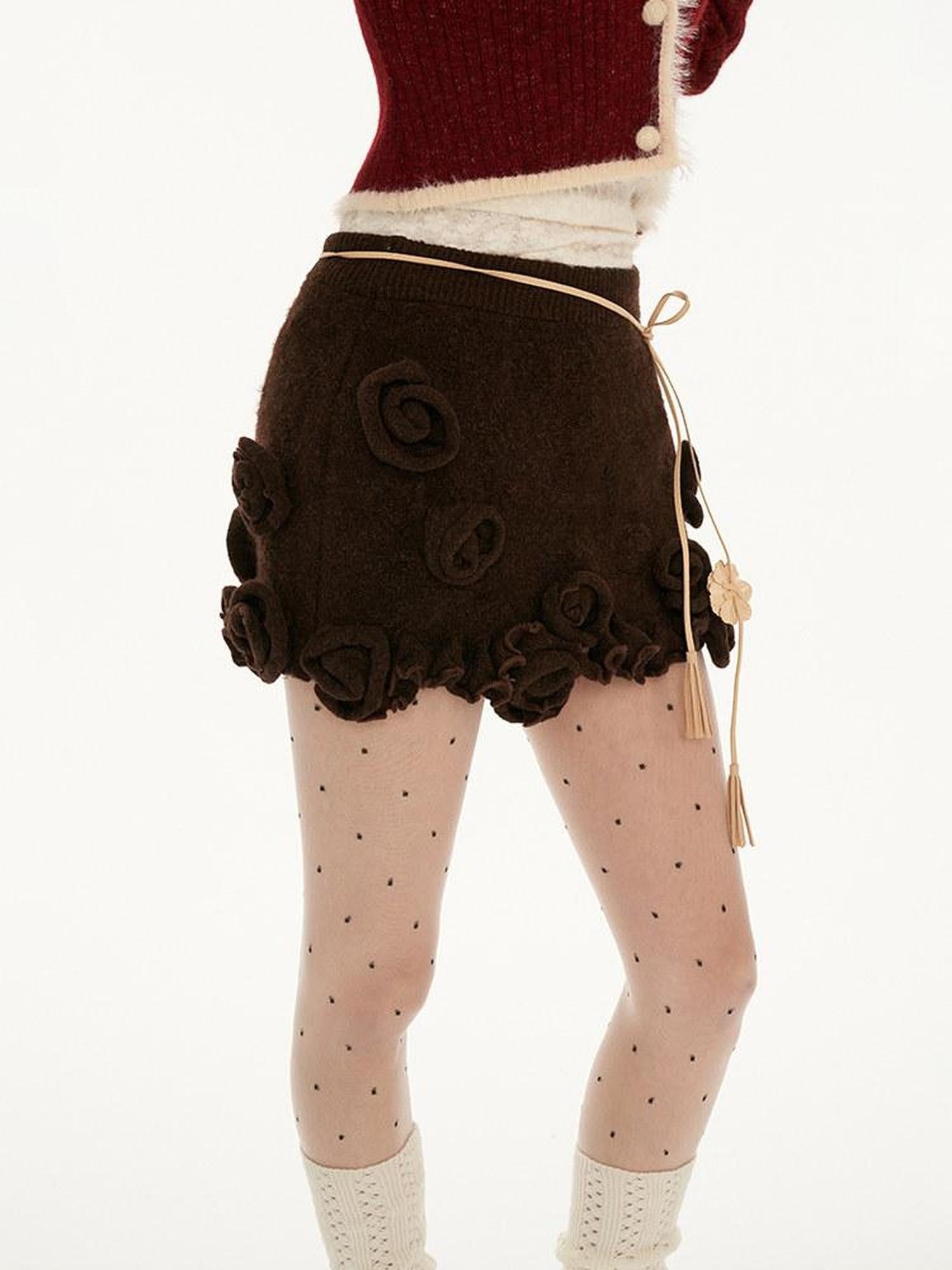 MAMC Sexy 3D Embellishment Fitted Mid Waist Solid Brown Polyester Stretch Mini Skirts