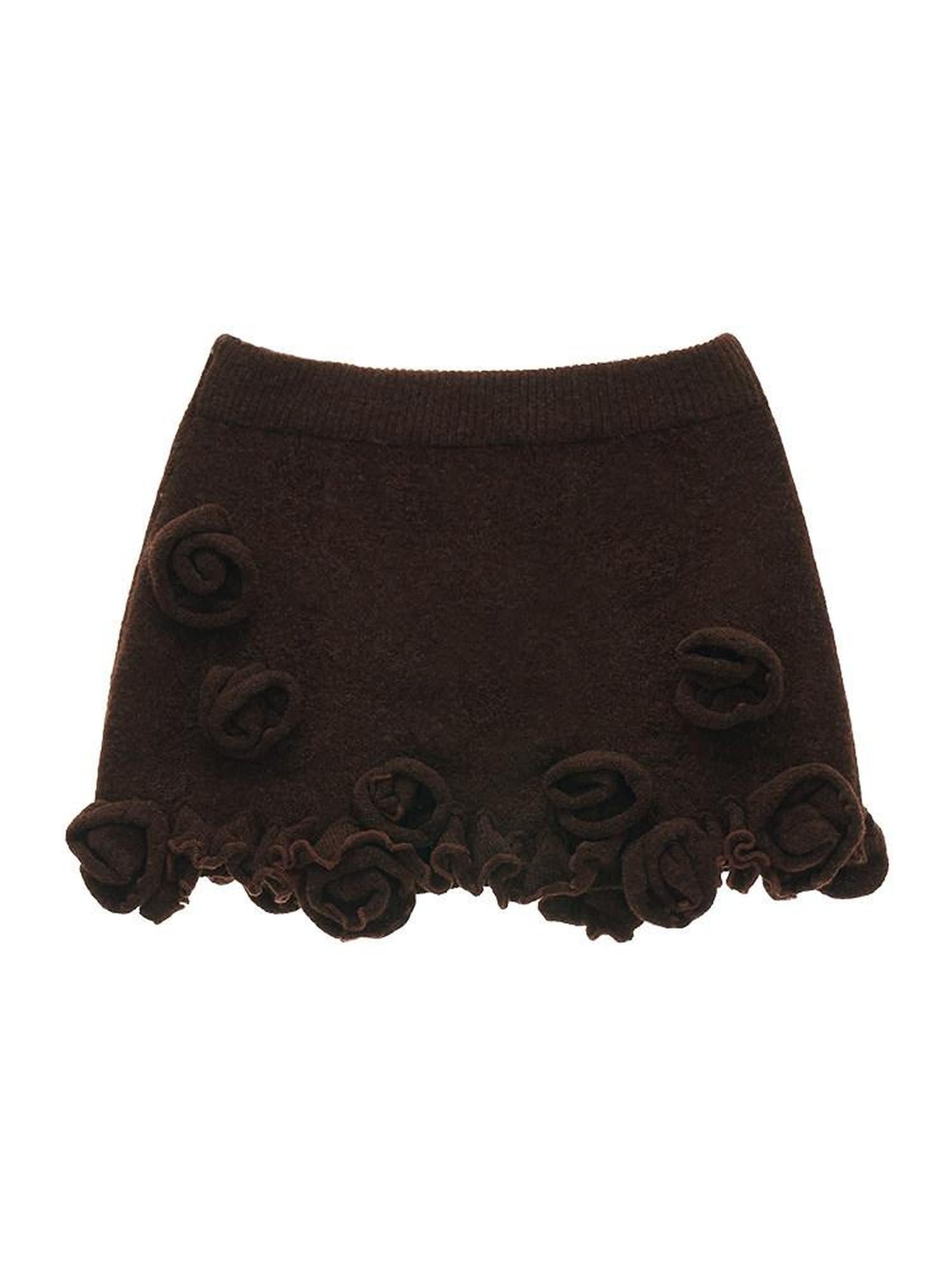 MAMC Sexy 3D Embellishment Fitted Mid Waist Solid Brown Polyester Stretch Mini Skirts
