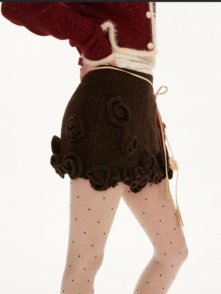 MAMC Sexy 3D Embellishment Fitted Mid Waist Solid Brown Polyester Stretch Mini Skirts