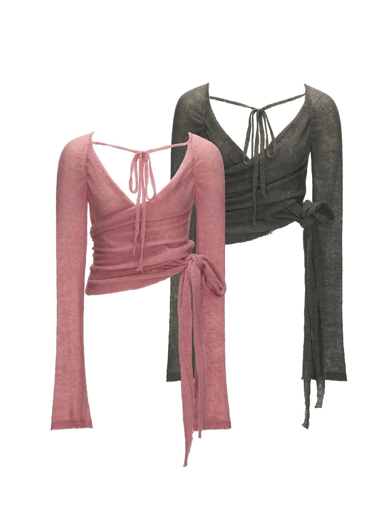 MAMC Sexy Slim Tie Detail Street Style Women Cardigan Knit Top Pink Gray Knitwear