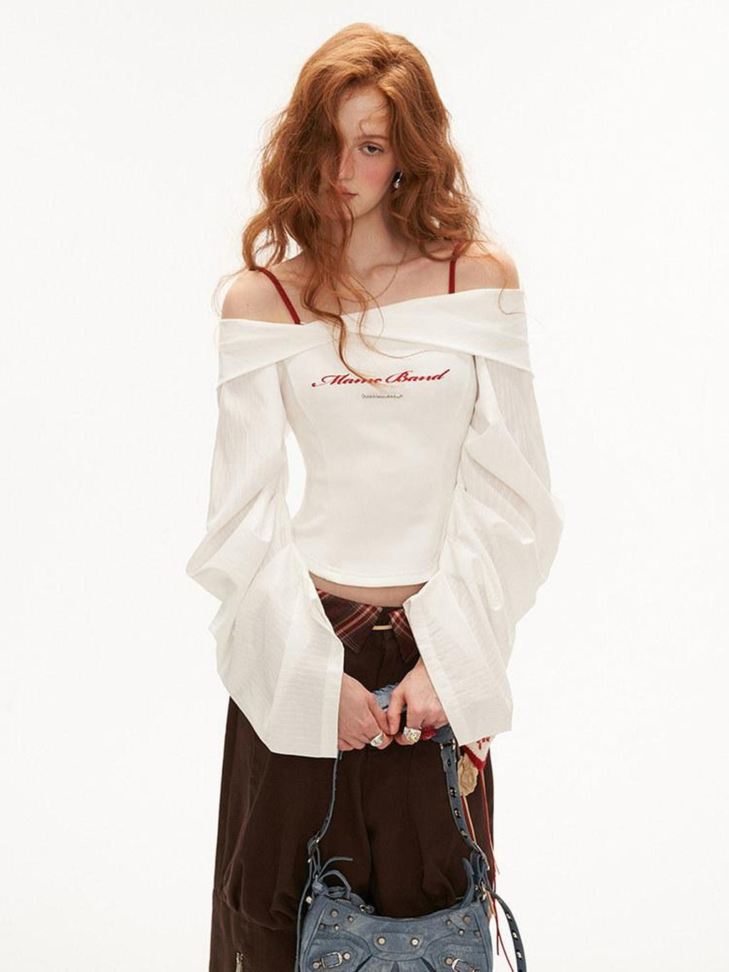 MAMC Slim Fit One Shoulder Puff Long Sleeve Stretch Blend Crop Off Shoulder Crop Tops