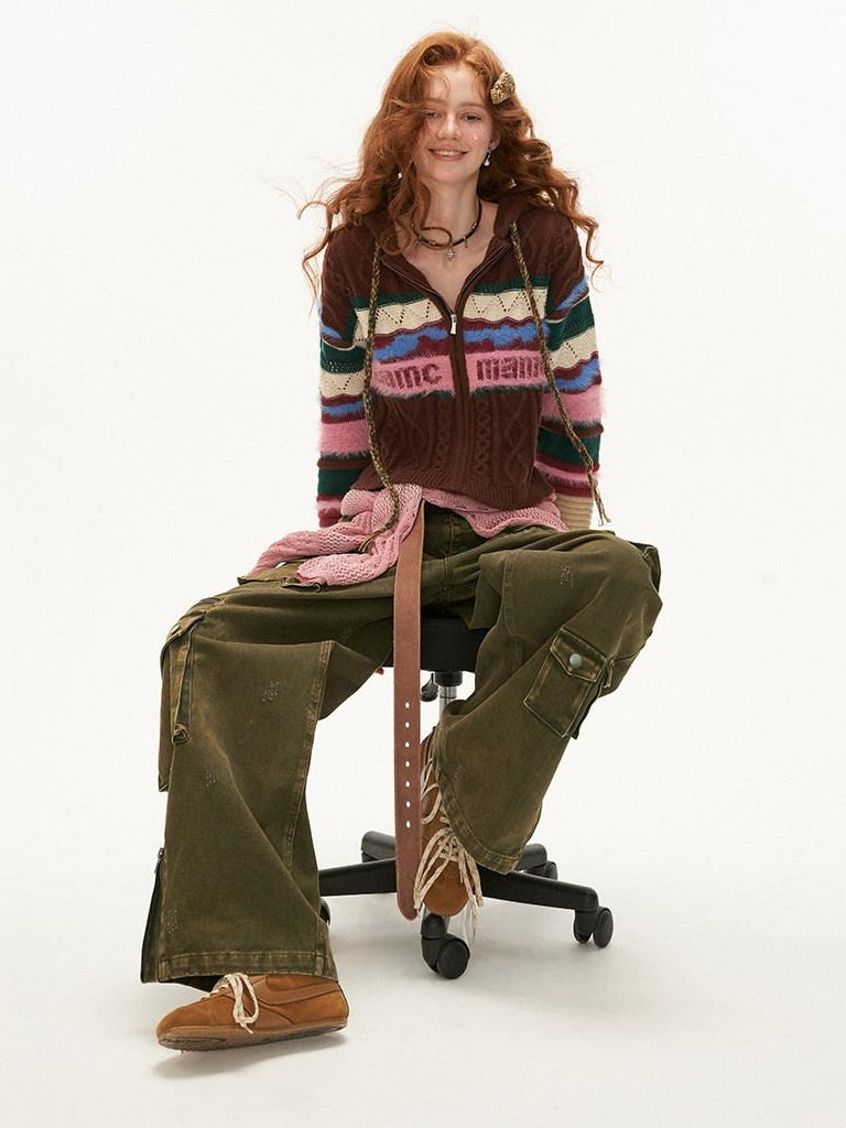 MAMC Slim Minimalist Commuter Knit Zipper Long Sleeve Brown Polyester Cardigans