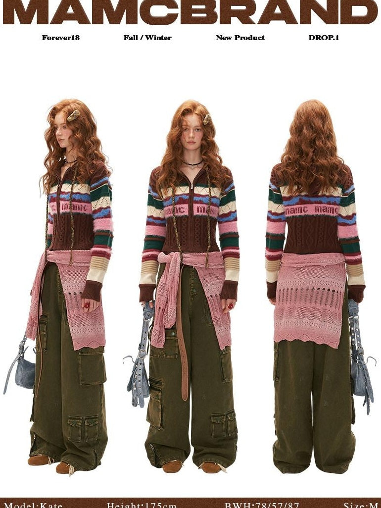 MAMC Slim Minimalist Commuter Knit Zipper Long Sleeve Brown Polyester Cardigans