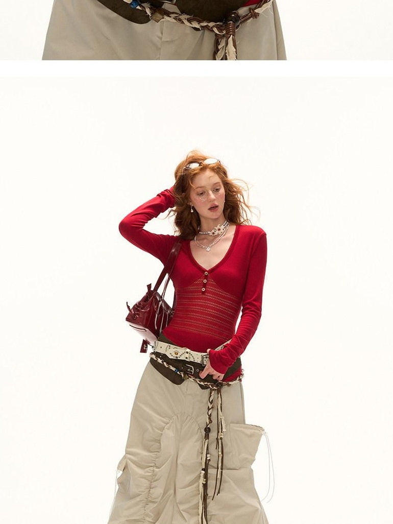 MAMC Slim Stretch V-neck Cutout Minimalist Office Women Cross Long Sleeve T-Shirts