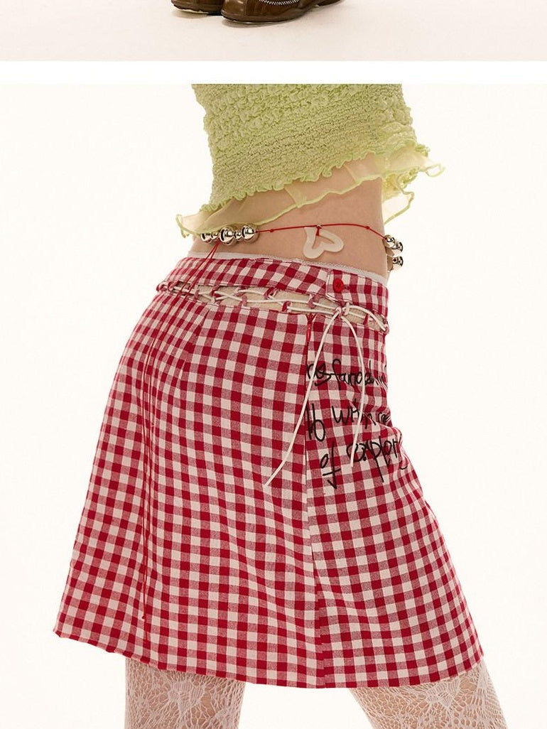 MAMC Soft 100 Percent Cotton Plaid A Line Mid Waist Sweet Princess Women Mini Skirts