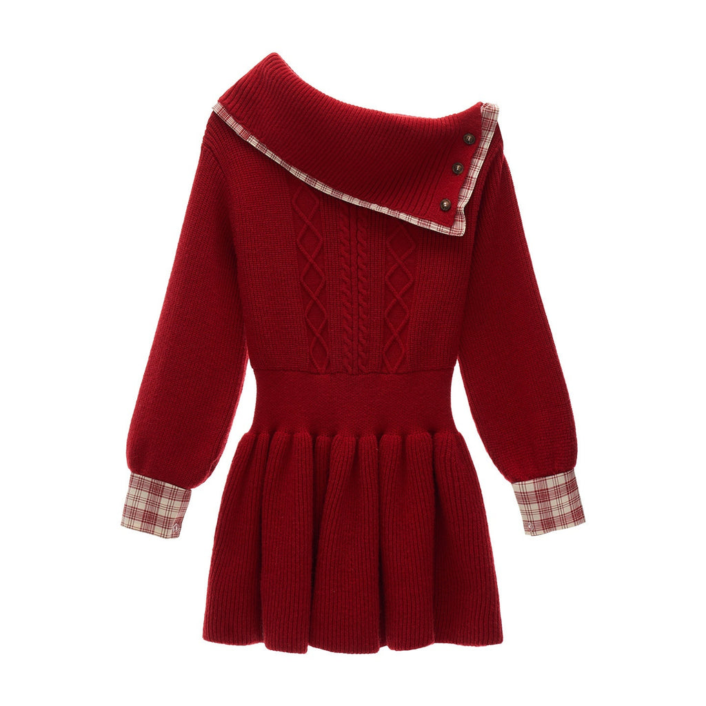 MAMC_Soft_Acrylic_Blend_Relaxed_One_Shoulder_Longsleeve_Red_Plaid_Knit_Mini_Dresses_MISSTT