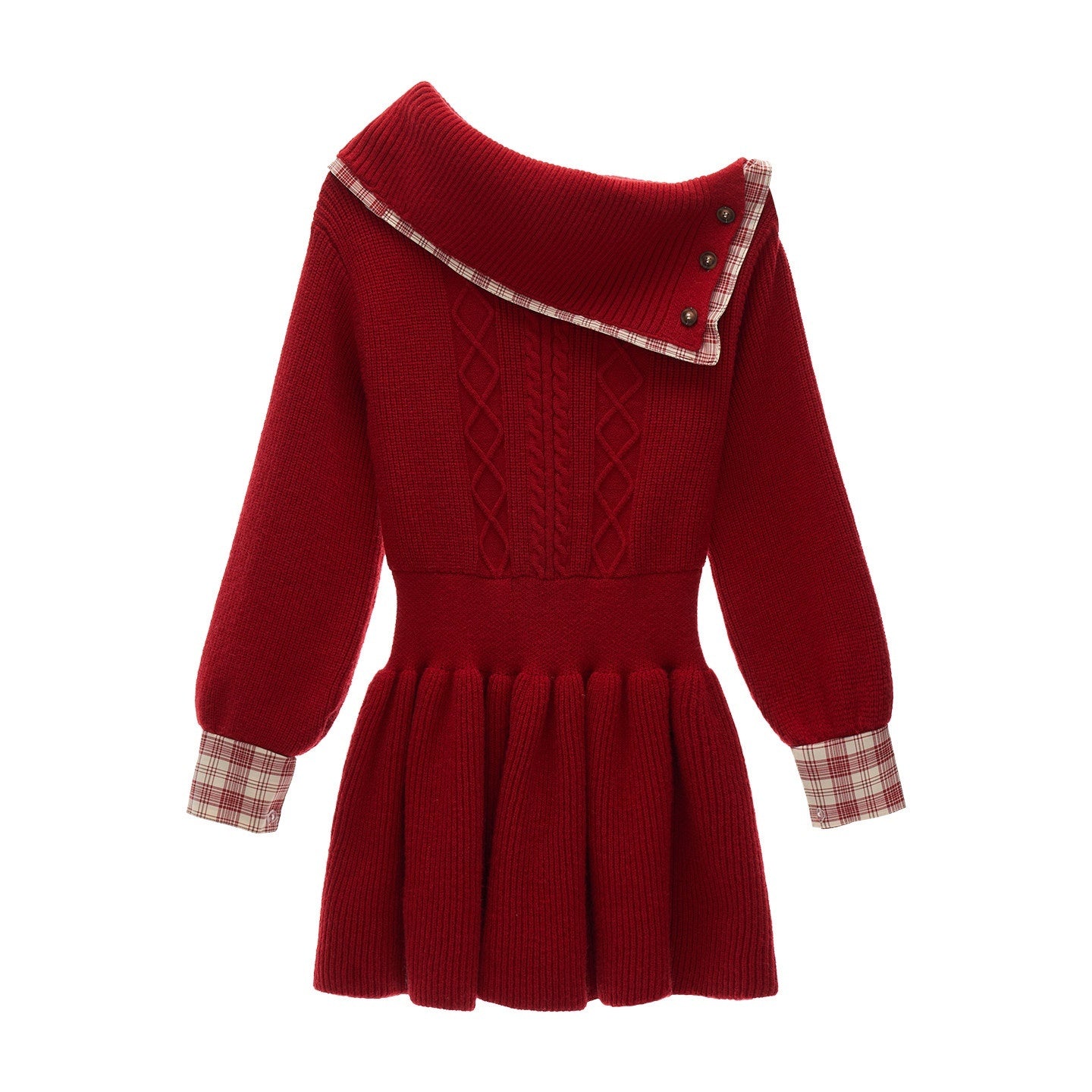 MAMC_Soft_Acrylic_Blend_Relaxed_One_Shoulder_Longsleeve_Red_Plaid_Knit_Mini_Dresses_MISSTT