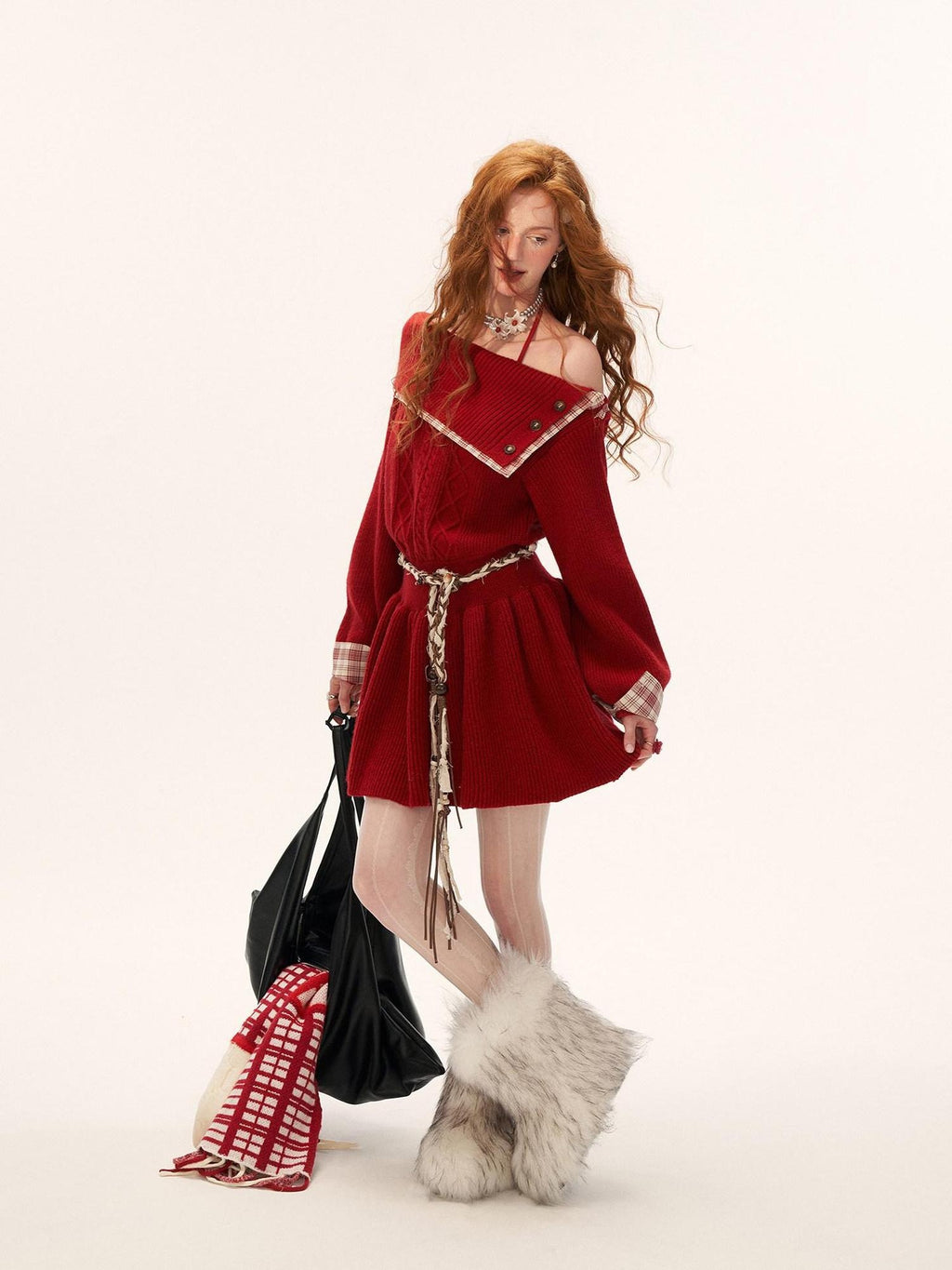 MAMC Soft Acrylic Blend Relaxed One Shoulder Longsleeve Red Plaid Knit Mini Dresses