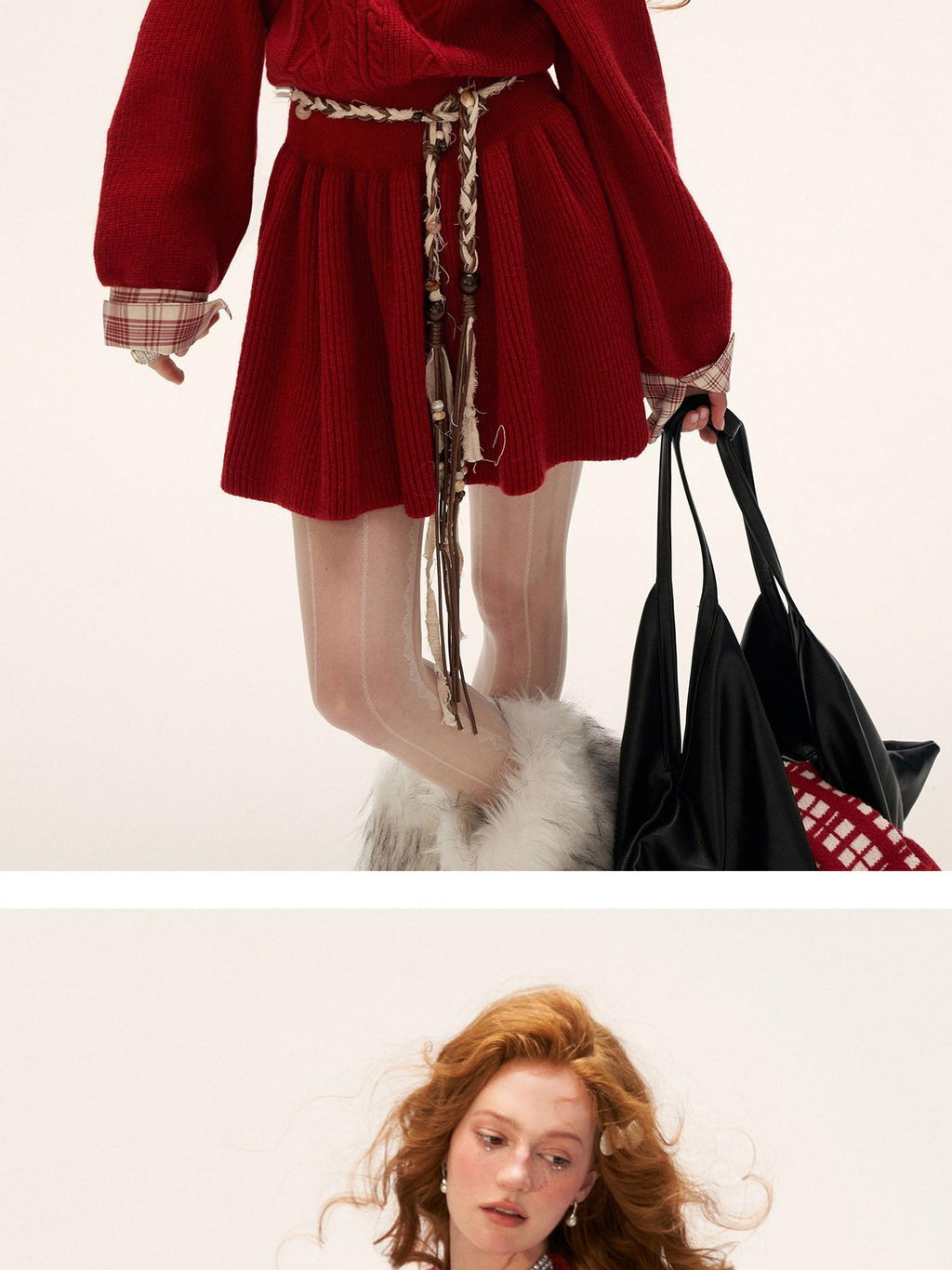 MAMC Soft Acrylic Blend Relaxed One Shoulder Longsleeve Red Plaid Knit Mini Dresses
