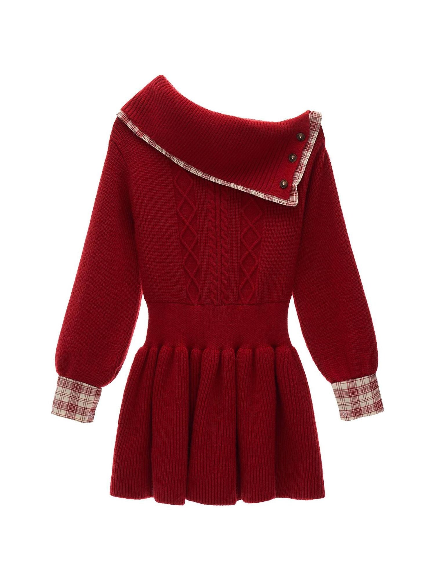 MAMC Soft Acrylic Blend Relaxed One Shoulder Longsleeve Red Plaid Knit Mini Dresses