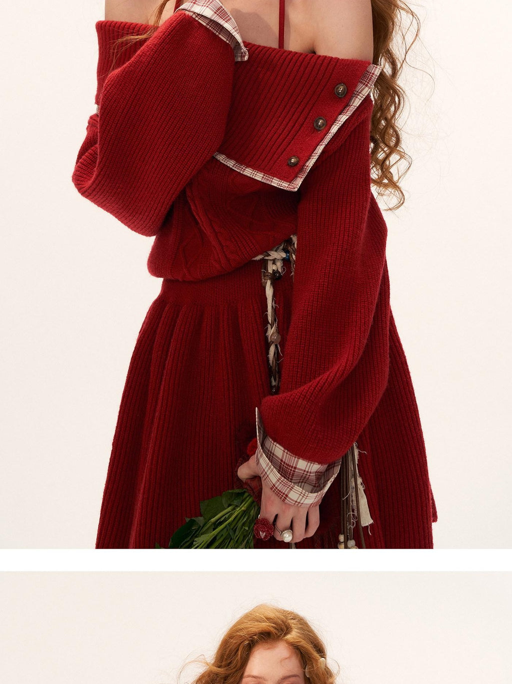 MAMC Soft Acrylic Blend Relaxed One Shoulder Longsleeve Red Plaid Knit Mini Dresses