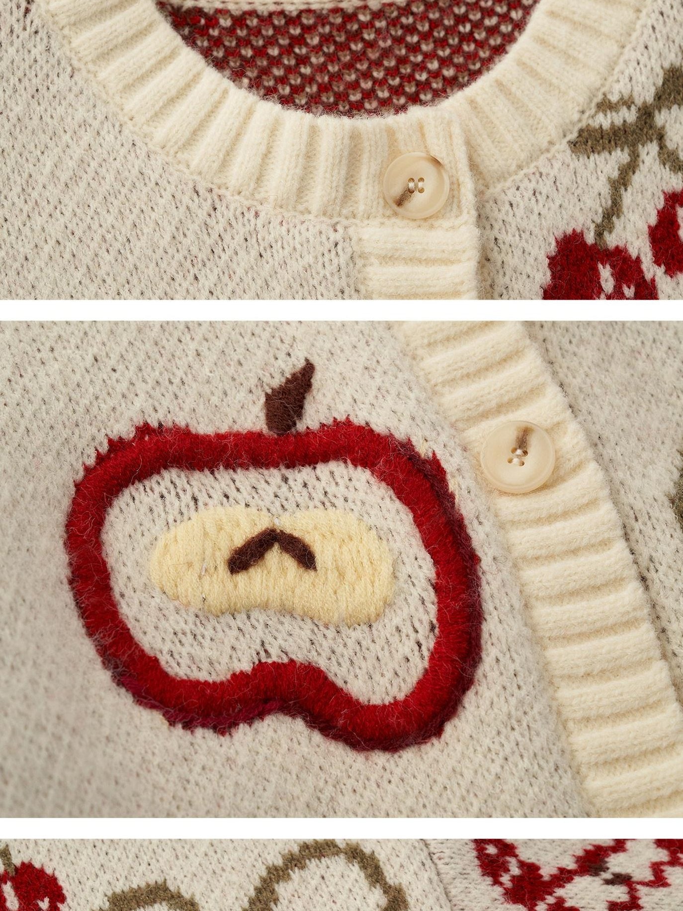 MAMC Soft Acrylic Loose Fit Fruit Print Button Crew Everyday Women White Cardigans