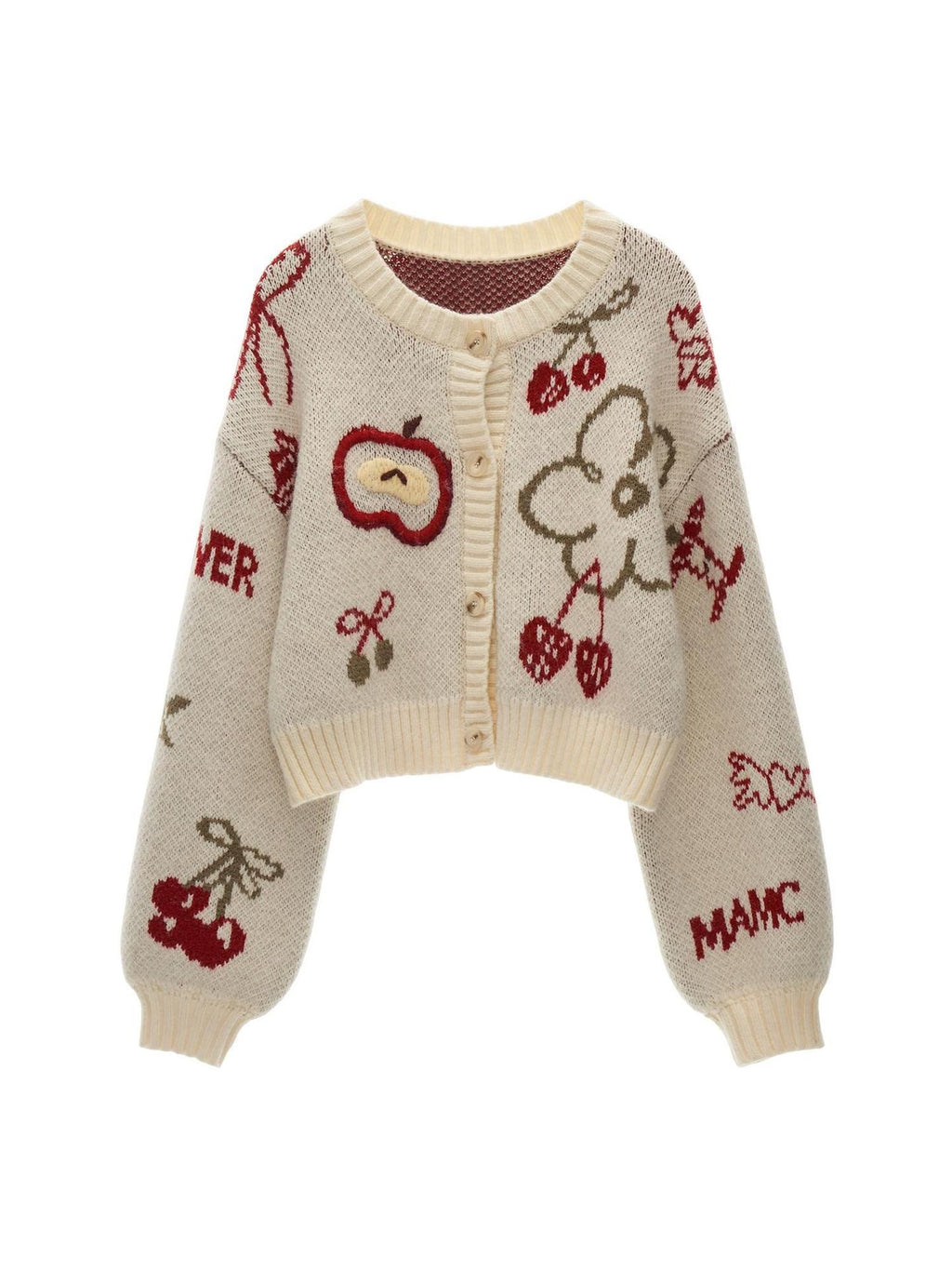 MAMC Soft Acrylic Loose Fit Fruit Print Button Crew Everyday Women White Cardigans