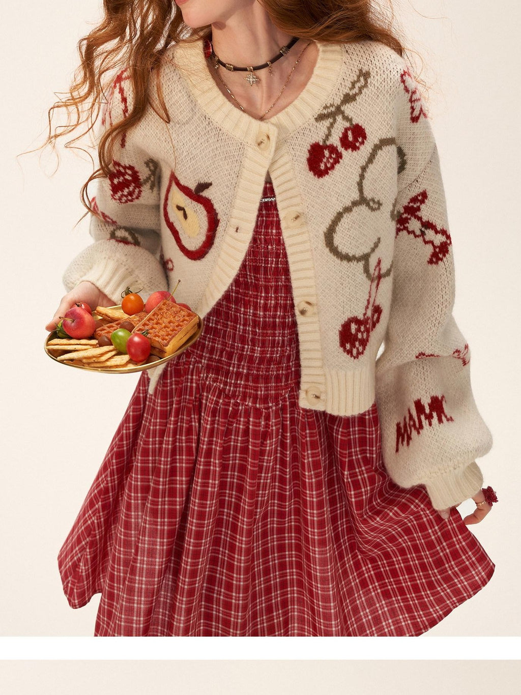 MAMC Soft Acrylic Loose Fit Fruit Print Button Crew Everyday Women White Cardigans