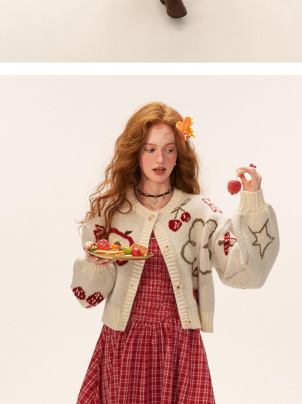 MAMC Soft Acrylic Loose Fit Fruit Print Button Crew Everyday Women White Cardigans