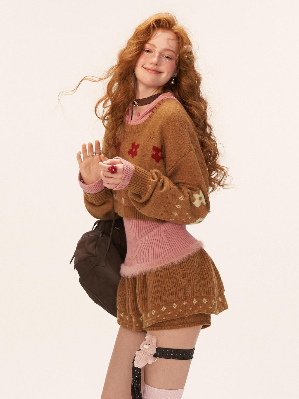 MAMC Soft Acrylic Princess Loose Fit Cropped Round Neck Floral Pullover Knitwear