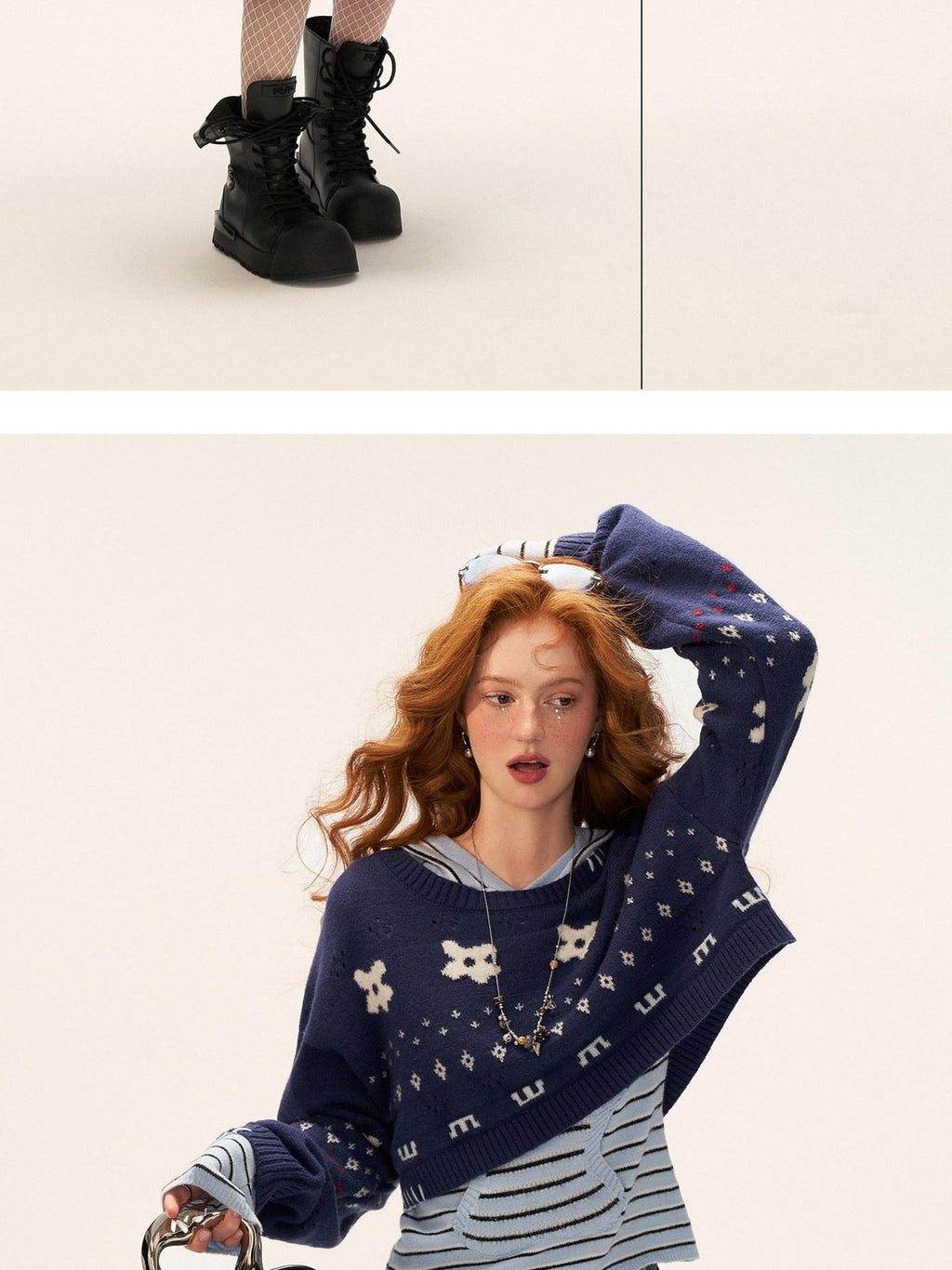 MAMC Soft Acrylic Princess Loose Fit Cropped Round Neck Floral Pullover Knitwear