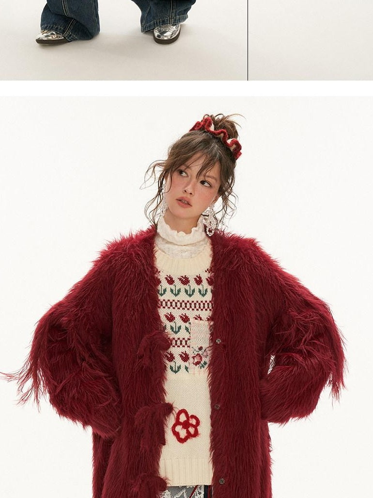MAMC Soft Acrylic Sweet Loose Crewneck Long Sleeve Knit Pink White Sweaters