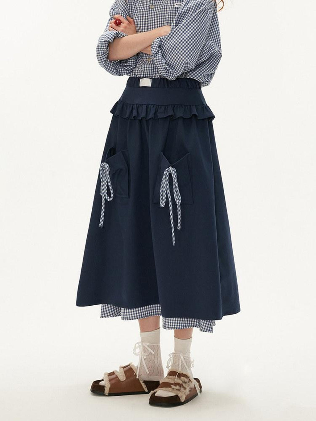 MAMC Soft Cotton Blend Mid Waist Blue Plaid Minimalist Office Ready Midi Skirts