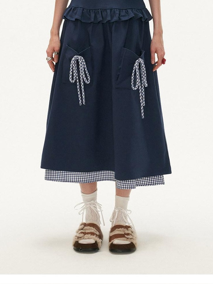 MAMC Soft Cotton Blend Mid Waist Blue Plaid Minimalist Office Ready Midi Skirts