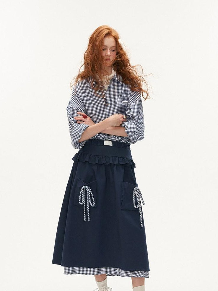 MAMC Soft Cotton Blend Mid Waist Blue Plaid Minimalist Office Ready Midi Skirts