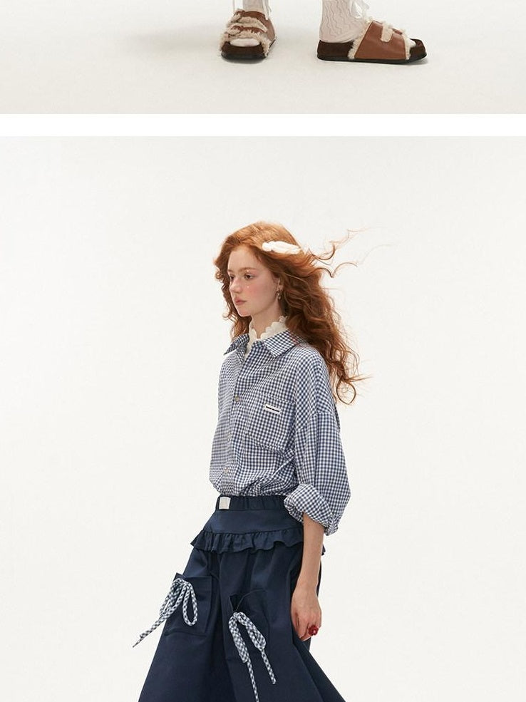MAMC Soft Cotton Blend Mid Waist Blue Plaid Minimalist Office Ready Midi Skirts