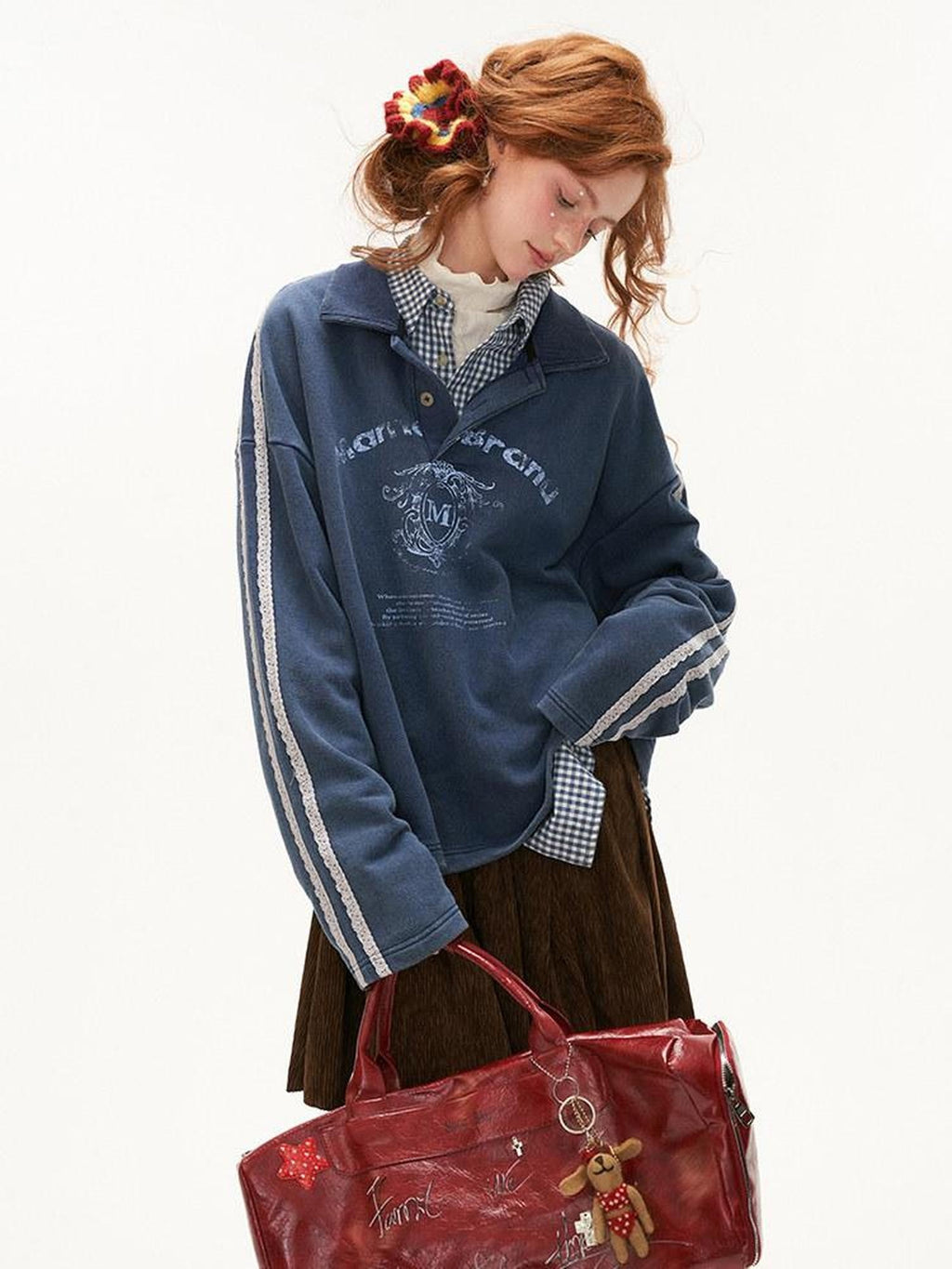 MAMC Soft Cotton Blend Polo Collar Loose Fit Long Sleeve Commuter Lettered Sweatshirt