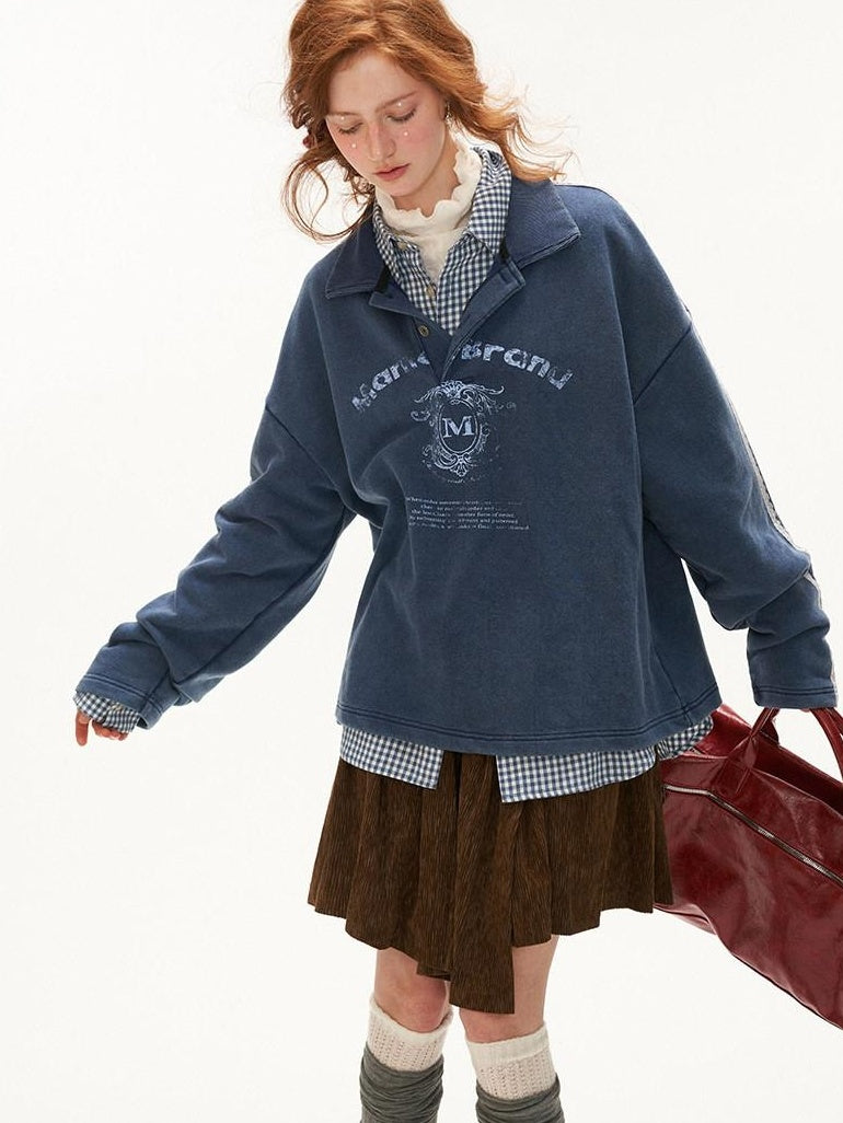 MAMC Soft Cotton Blend Polo Collar Loose Fit Long Sleeve Commuter Lettered Sweatshirt