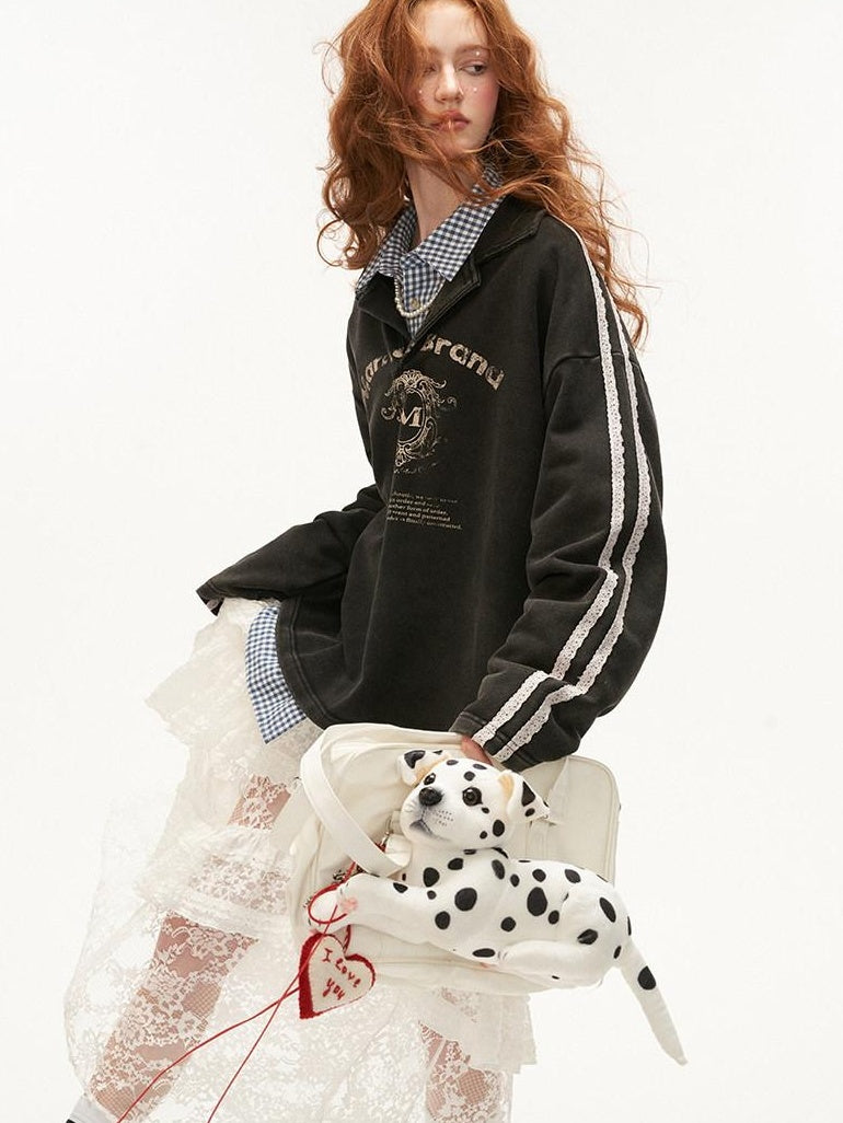 MAMC Soft Cotton Blend Polo Collar Loose Fit Long Sleeve Commuter Lettered Sweatshirt