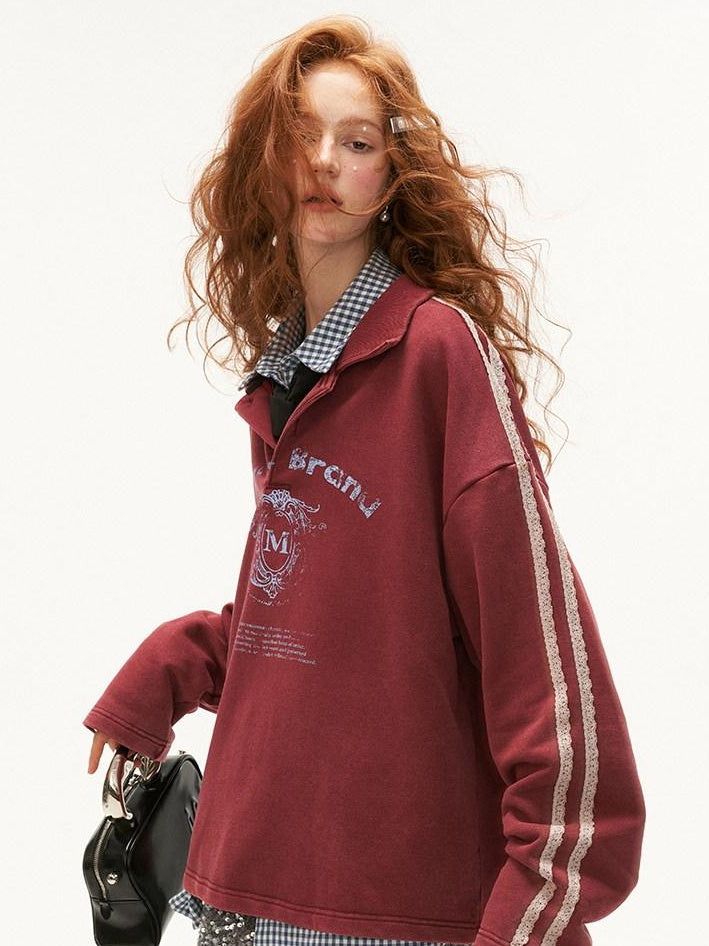 MAMC Soft Cotton Blend Polo Collar Loose Fit Long Sleeve Commuter Lettered Sweatshirt
