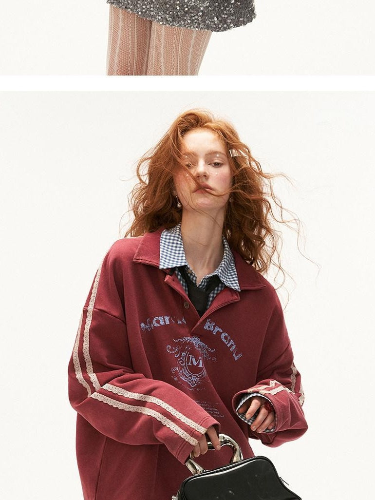 MAMC Soft Cotton Blend Polo Collar Loose Fit Long Sleeve Commuter Lettered Sweatshirt