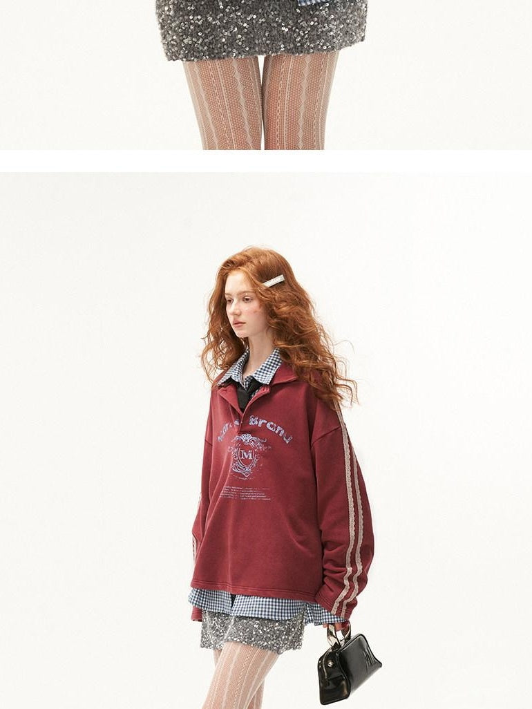 MAMC Soft Cotton Blend Polo Collar Loose Fit Long Sleeve Commuter Lettered Sweatshirt
