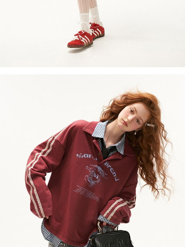 MAMC Soft Cotton Blend Polo Collar Loose Fit Long Sleeve Commuter Lettered Sweatshirt